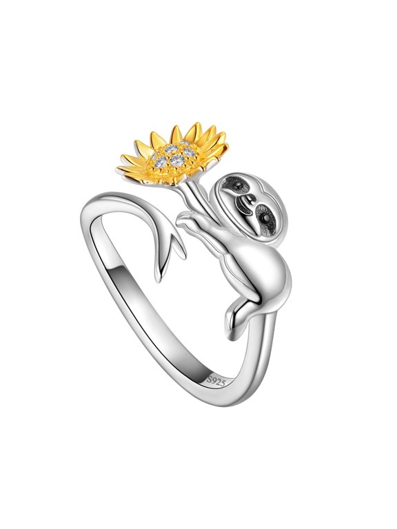 Cute Animal Sloth Ring for Women 925 Sterling Silver Adjustable Sloth Sunflower Ring Jewelry Gifts Ideas for Daughter Friends