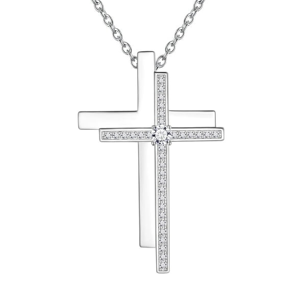 Jewmon Double Cross Necklace for Women 5A Cubic Zirconia 925 Sterling Silver Cross Pendant Chain Christian Jewelry Christmas Day Gifts for Her