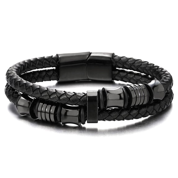 Jewmon Double Row Braided Leather Bracelet Stainless Steel Mens Bracelet Wrist Cuff Bangle Gift Box