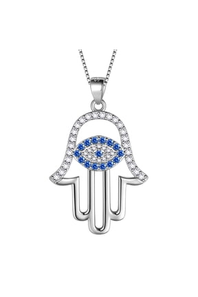 Evil Eye Hansa Hand Necklace for Women 925 Sterling Silver Plated Third Eye Pendant Necklace Protection Jewelry Gruduation Birthday Gifts for Her