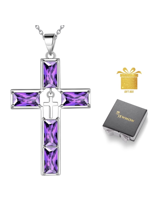 Birthstone Cross Necklace for Women 925 Sterling Silver February Amethyst Christian Necklace Amulet Jewelry for Mom Wife Girlfriend Birthday Christmas Day Gift