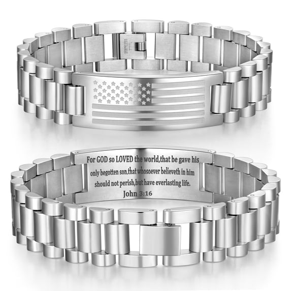 Jewmon Fourth of July Amercian Flag Watch Link Bracelet for Men Stainlss Steel John 3:16 Bible Verse Bracelet Band Christmas Gifts for Dad Husband