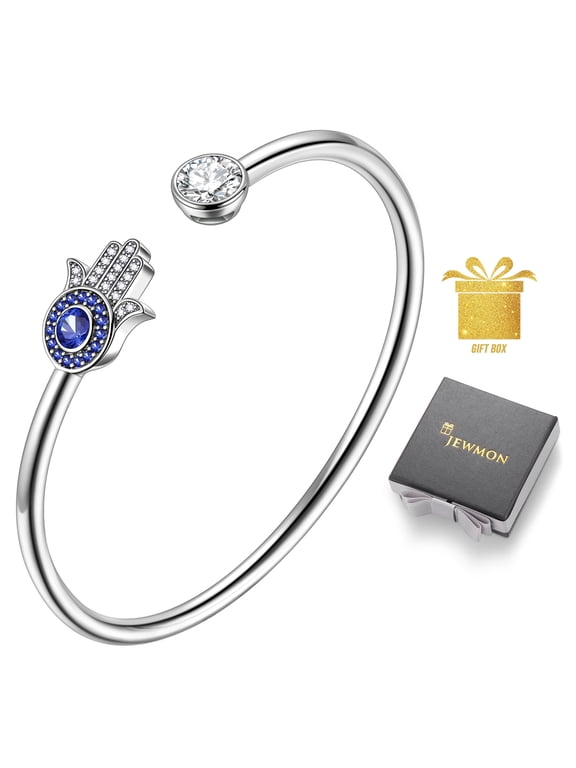 Hamsa Hand Bangle Platinum Plated Adjustable Hand of Fatima Evil Eye Bracelet Protection Jewelry