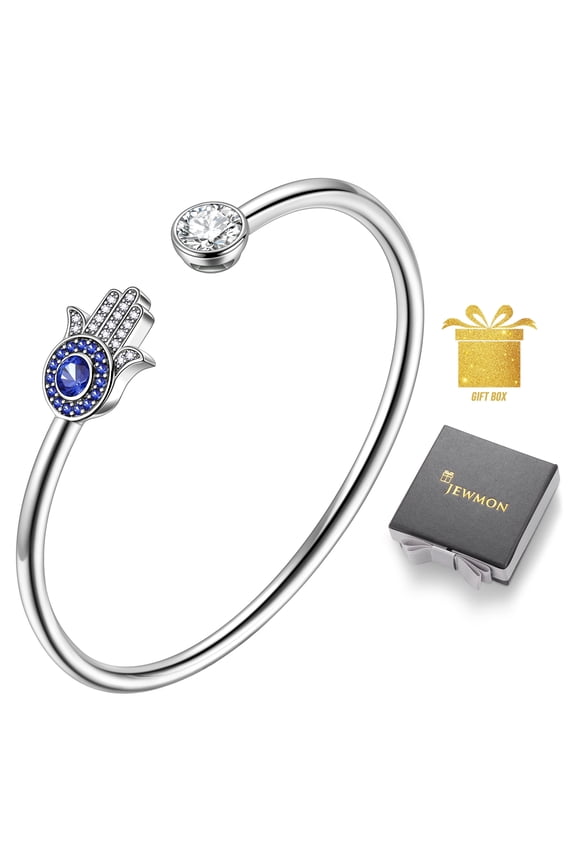 Hamsa Hand Bangle Platinum Plated Adjustable Hand of Fatima Evil Eye Bracelet Protection Jewelry