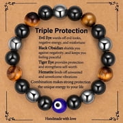 Jewmon Healing Tigers Eye Black Obsidian Hematite Beads Bracelet Goood Luck Triple Trotection Evil Eye Bracelet for Men Women