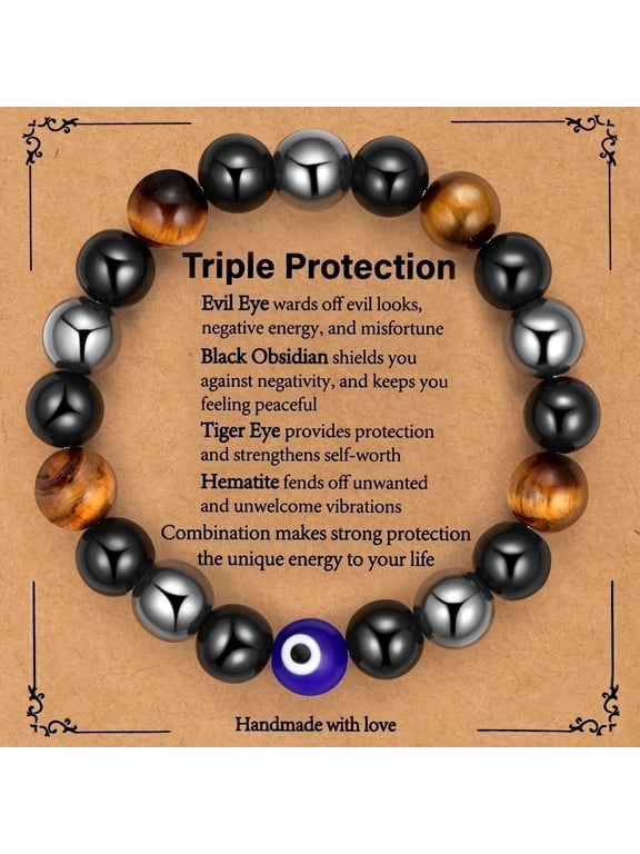 Healing Tigers Eye Black Obsidian Hematite Beads Bracelet Goood Luck Triple Trotection Evil Eye Bracelet for Men Women