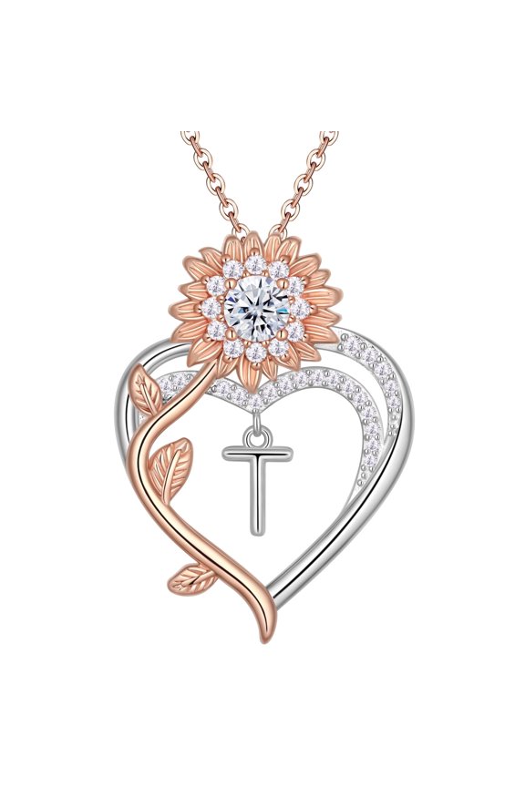 Heart Initial Necklace for Women 14K Rose Gold Plated Love Heart Sunflower Pendant Necklace Birthday Graduation Jewelry Gifts for Her Mom Wife Girlfriend