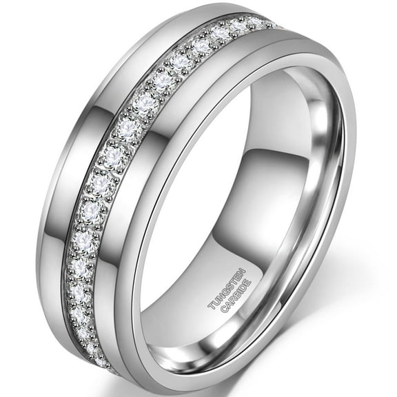 Jewmon Men Tungsten Wedding Band Cubic Zirconia Tungsten Carbide Ring Black Silver Eternity Ring 8mm