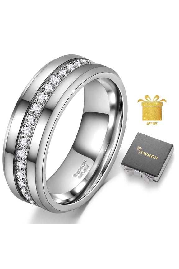Men Tungsten Wedding Band Cubic Zirconia Tungsten Carbide Ring Black Silver Eternity Ring Birthday Gifts for Him 8mm