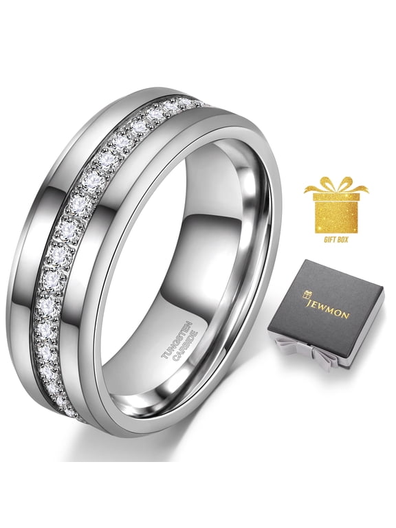 Men Tungsten Wedding Band Cubic Zirconia Tungsten Carbide Ring Black Silver Eternity Ring Birthday Gifts for Him 8mm