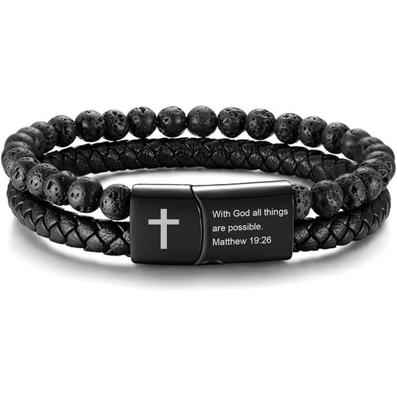 Jewmon Men's Inspirational Bible Verse Bracelet Lava Rock Beads Bracelet Braided Leather Cuff Wristband Magnetic Clasp