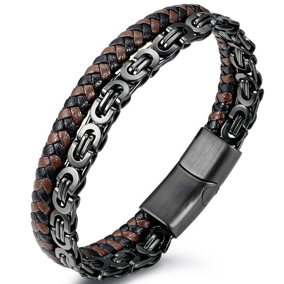 Jewmon Mens Bracelet Black Link Stainlee Steel and Leather Bracelet for Men Son and Dad's Gift