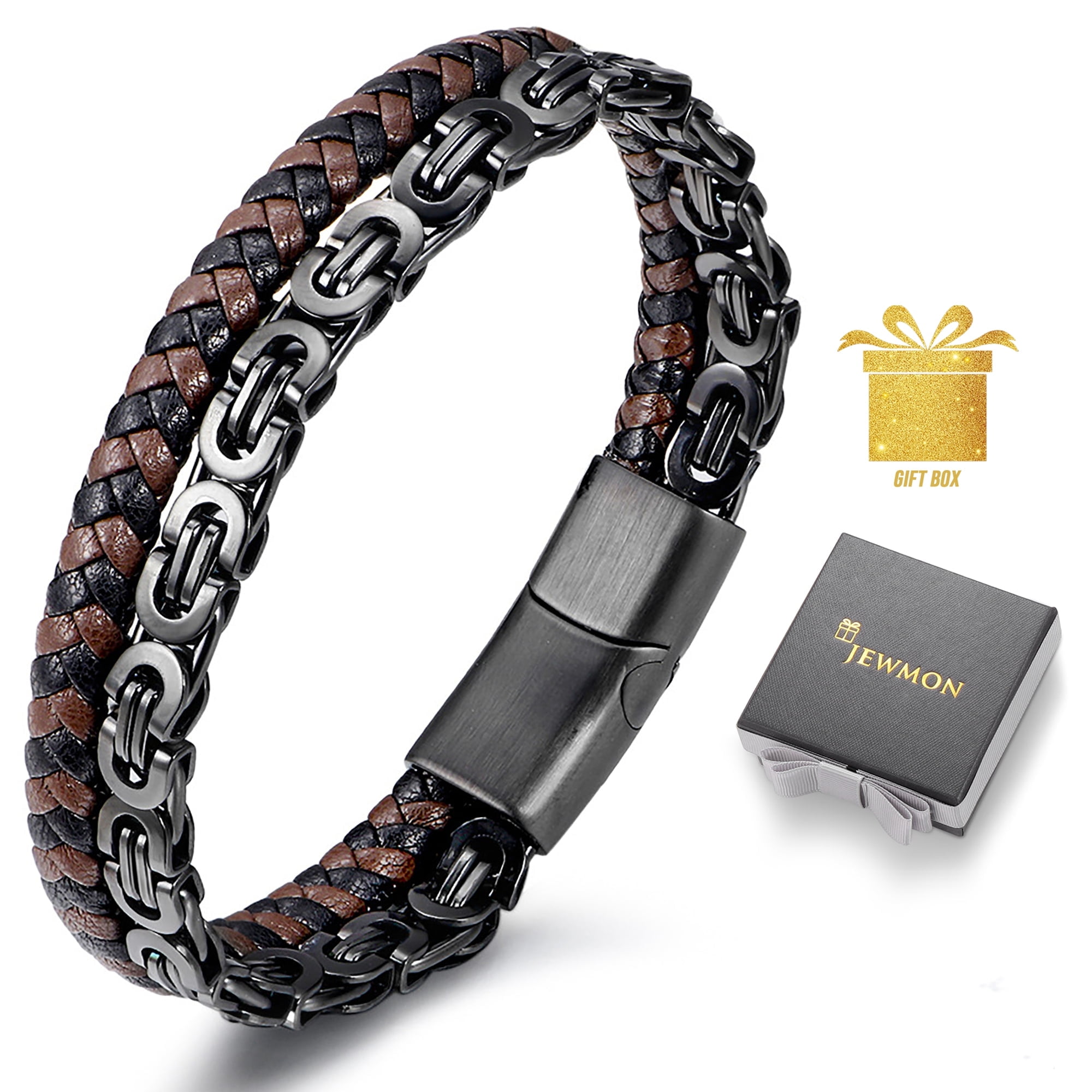 Jewmon Men's Black Leather and Stainless Steel Bracelet, Magnetic