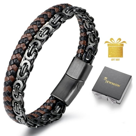 Jewmon Mens Bracelet Black Link Stainlee Steel and Leather Bracelet for Men Son and Dad's Gift
