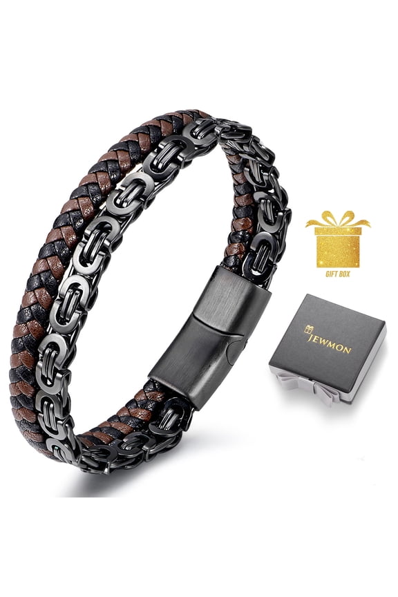 Mens Bracelet Black Link Stainlee Steel and Leather Bracelet for Men Son and Dad's Gift