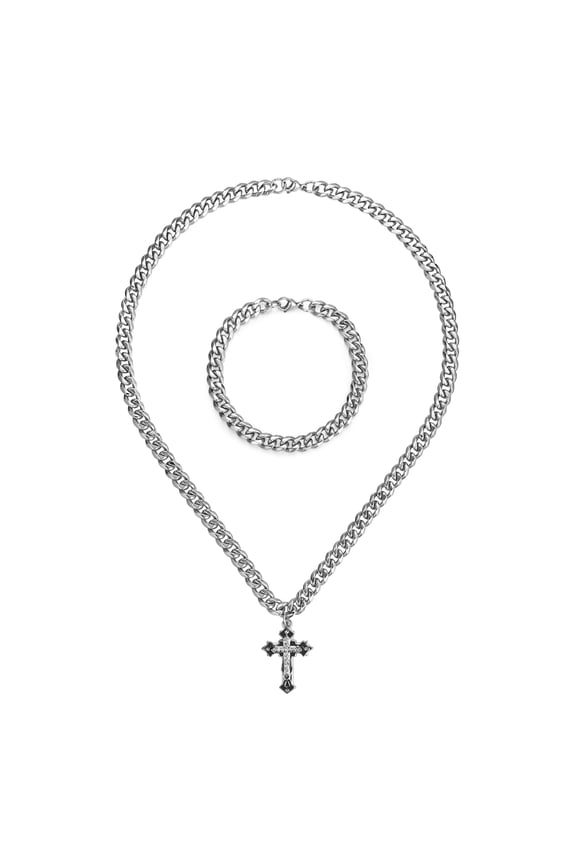 Cuban Link Chain Necklace and Bracelet Set Mens Cross Pendant Jewelry Valentines Day Gifts for Him Boyfriend Husband