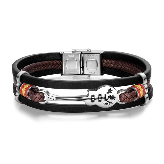 Jewmon Mens Leather Cuff Bracelet Stainless Steel Music Guitar Bangle Multi-Layer Braided Wristband Bracelet