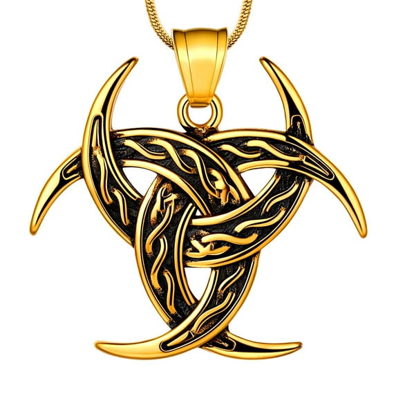 Jewmon Norse Viking Celtic Knot Necklace Triple Horn of Odin Pendant Charm 18K Gold Plated Viking Jewelry