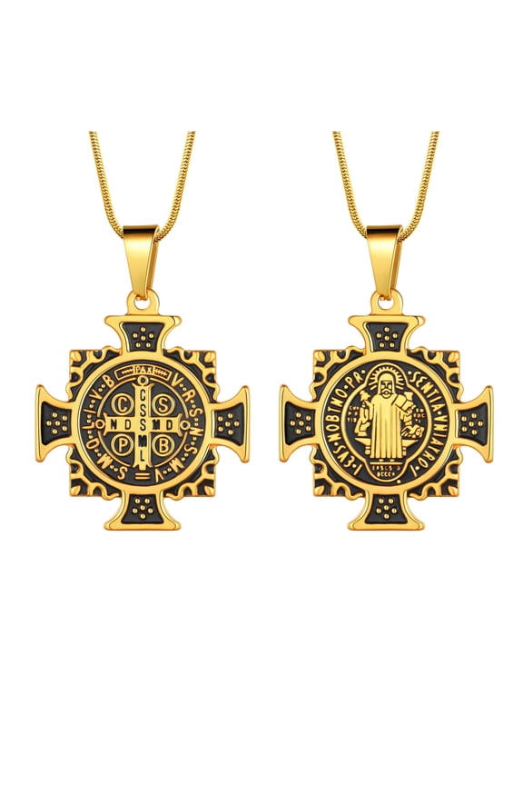 Saint Benedict Cross Necklace 18K Gold Plated St.Benedict Religious Necklace Charm for Men Women