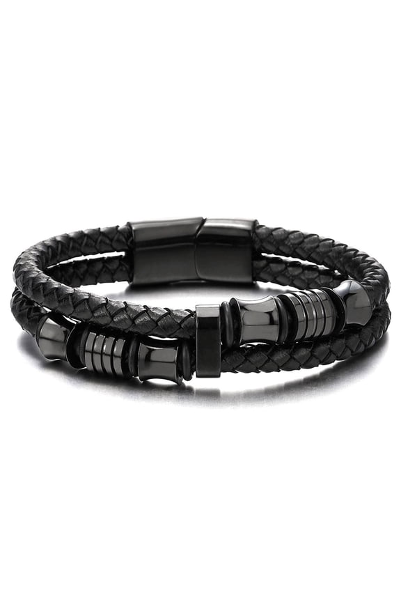 Double Row Braided Leather Bracelet Stainless Steel Mens Bracelet Wrist Cuff Bangle Gift Box