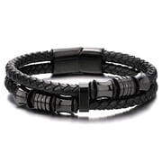 Jewmon Double Row Braided Leather Bracelet Stainless Steel Mens Bracelet Wrist Cuff Bangle Gift Box