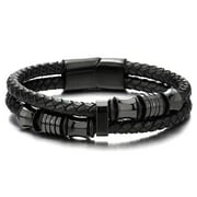 JEWMON Double Row Braided Leather Bracelet Stainless Steel Mens Bracelet Wrist Cuff Bangle Gift Box