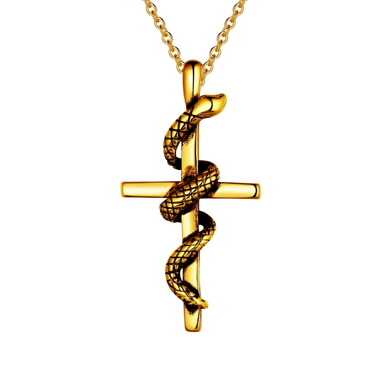 Jewmon Snake Cross Pendant necklace 18K Gold Plated Catholic