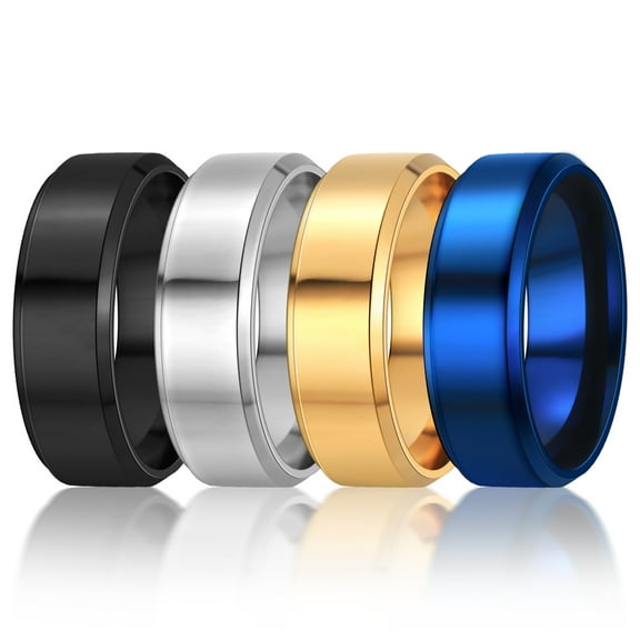 Jewmon 4PCS Stainless Steel Ring Set Silver Gold Black Blue Brushed Finished Beveled Wedding Bands Mens Rings Comfort Fit 8mm