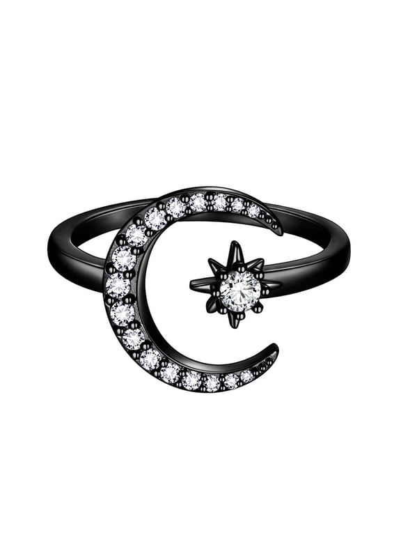 Star Moon Ring for Women Black Gold Plated Moon Star Celetial Ring Star Jewelry for Her