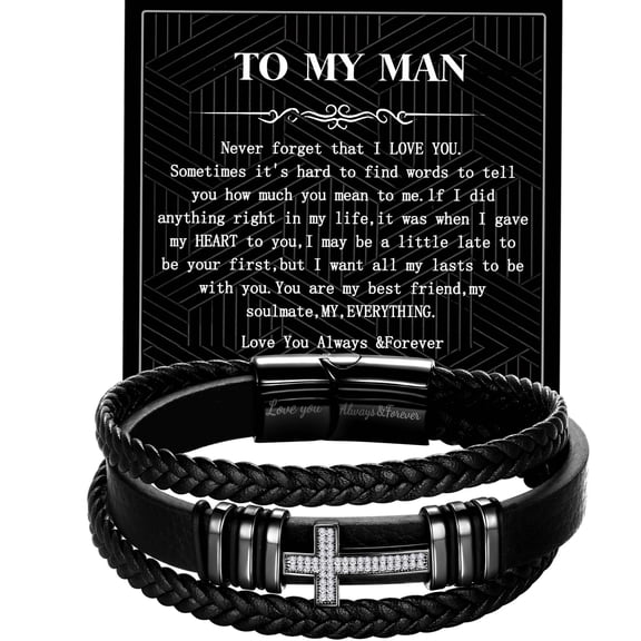 Jewmon To My Man Black Leather Bracelet for Men Stainless Steel Cross Wristband Bangle Birthday Valentines Day Gifts for Him