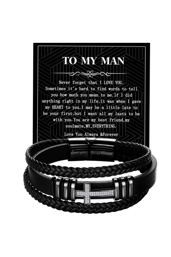 To My Man Black Leather Bracelet for Men Stainless Steel Cross Wristband Bangle Birthday Valentines Day Gifts for Him