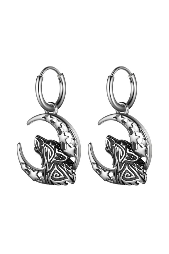 Viking Wolf Earrings for Men Women Gothic Punk Star Moom Hoops Stainless Steel Wolf Jewelry