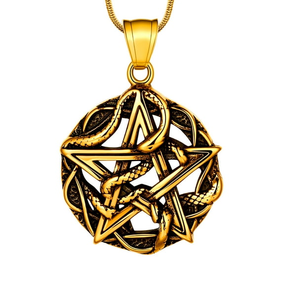 Jewmon Wiccan Pentagram Necklace for Men Pentacle Star Entwined Snake Pendant Unisex Necklace Protection Jewelry Gold