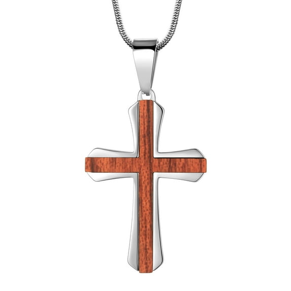 Jewmon Mahogany Ebony Inlay Stainless Steel Cross Pendant Necklace for Mens Necklace with Snake Chain 24in Father Day Jewelry Gifts for Dad