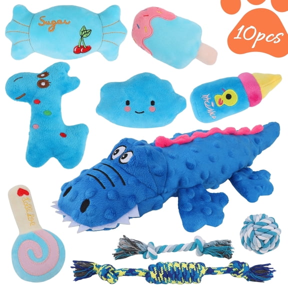 Jewyow 10-Pack Dog Toys Set for Small Dogs, Squeaky Plush Chew Toys with Ball & Rope for Puppy Teeth Cleaning, Interactive Fun and Training