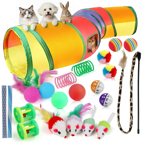 Jewyow 22 PCS Cats Toy Assortment, Catnip Toys, Interactive Pet Balls, Kitten Chew Toys, Feather Teaser Wand, Rainbow Tunnel & Mice Toys for Indoor Kitty