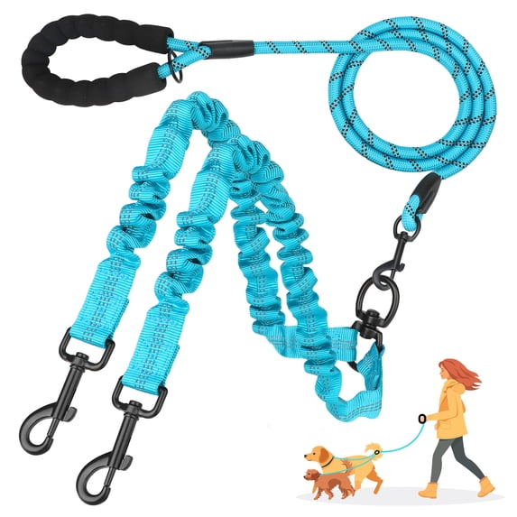 Jewyow Double Dog Leash, 360° Swivel Tangle Free Bungee Walking Training for Large Medium Dogs, Reflective Dog Leash for 2 Dogs, Blue