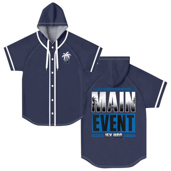 Jey Uso Main Event Hooded Baseball Jersey Tops Short Sleeve Button-up Shirts Women Men Streetwear Tee