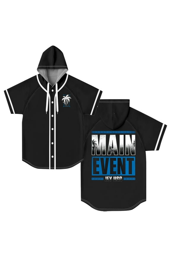 Jey Uso Main Event Hooded Baseball Jersey Tops Short Sleeve Button-up Shirts Women Men Streetwear Tee