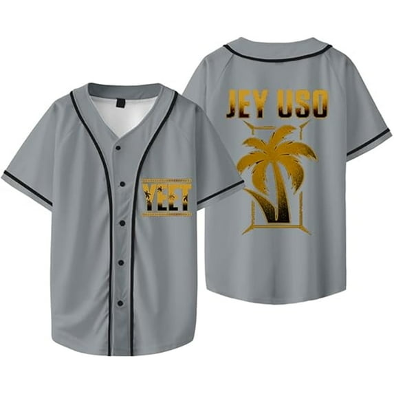 Jey Uso Merch Gold Yeet Logo Baseball Jacket Unisex Stylish V-neck Button Short Sleeve T-shirt,M,Style 3