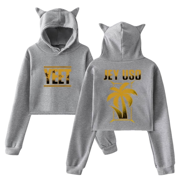 Jey Uso Yeet Golden Logo Hoodie Cat Ears Hooded Sweatshirt Long Sleeve Crop Top Women's Clothes