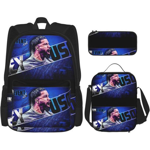 Jey Wrestler USO Backpack 3 Pieces Set With Lunch Bag And Pencil Pouch Combination for Work/Sport/Picnic Convenient Laptop Backpack Travel Daypack Stationery Bag