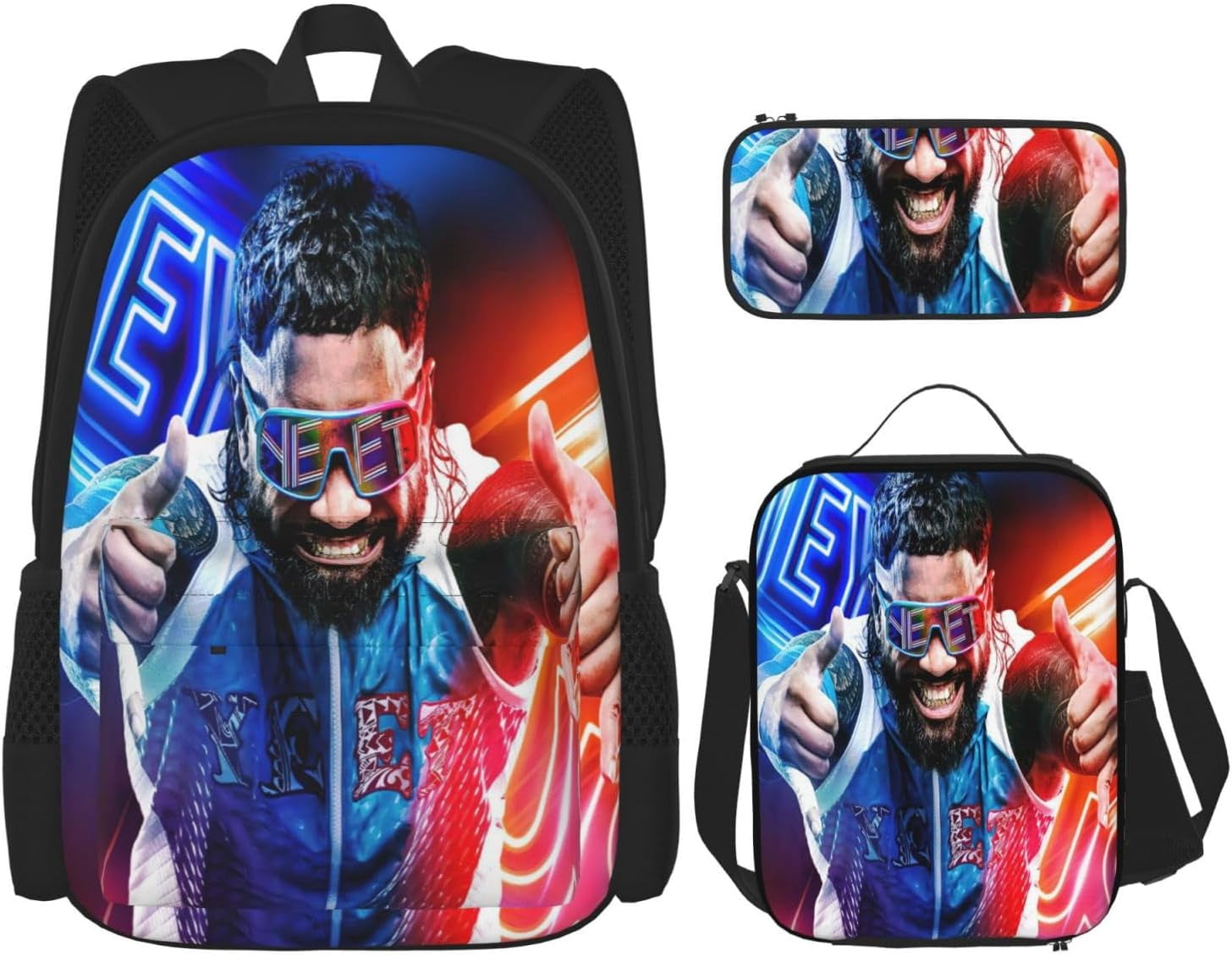 Jey Wrestler USO Backpack 3 Pieces Set With Lunch Box And Pencil Pouch Combination for Work/Sport/Picnic Simple Laptop Backpack Travel Daypack Stationery Bag
