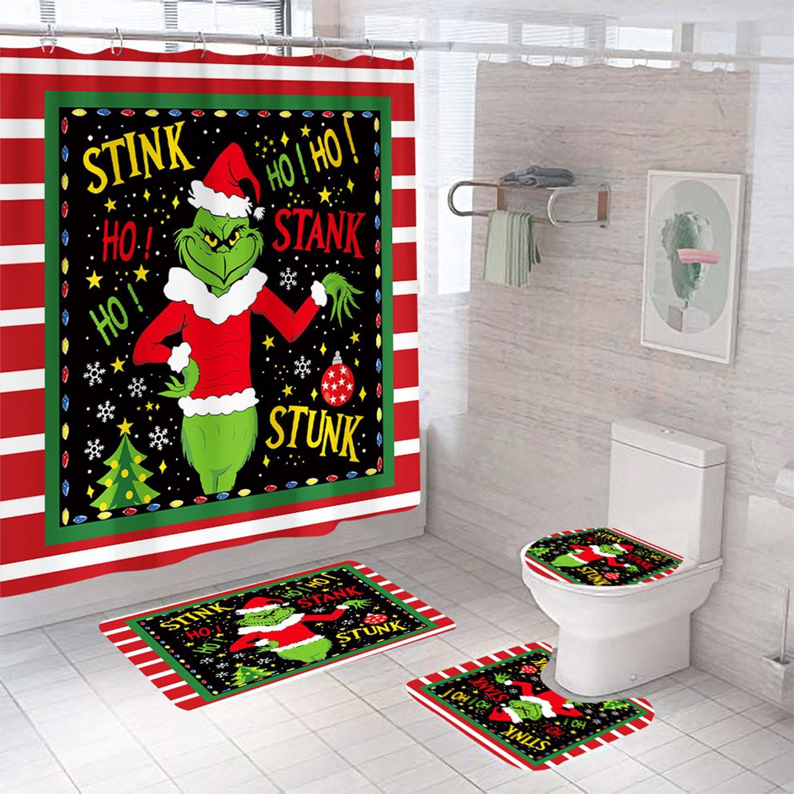 JeyDokZoy 4pcs Christmas Shower Curtain Set How The Grinch Stole Christmas Shower Curtain with ...