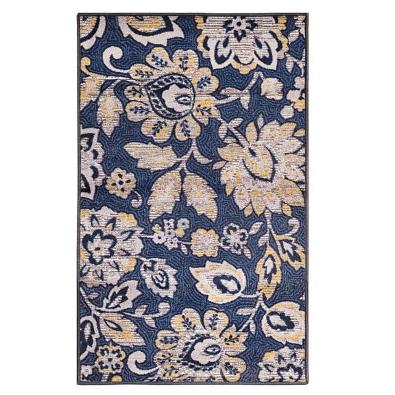 Jezabel Traditional Floral Non-Slip Indoor Washable Area Rug by Blue Nile Mills - 2' x 3', Navy Blue/ Lilac