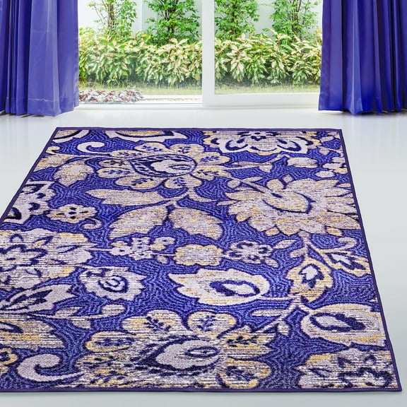 Jezabel Traditional Floral Non-Slip Indoor Washable Area Rug by Blue Nile Mills - 5' x 8', Navy Blue/ Lilac