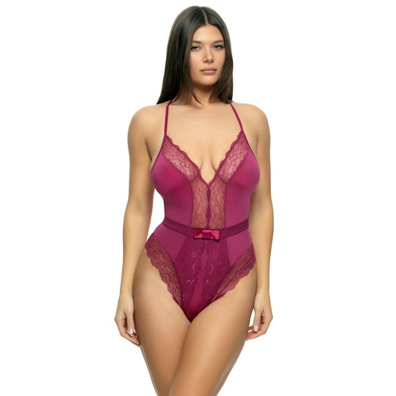 Jezebel by Felina Henny Micro & Lace Bodysuit (Raspberry Coulis, Medium)