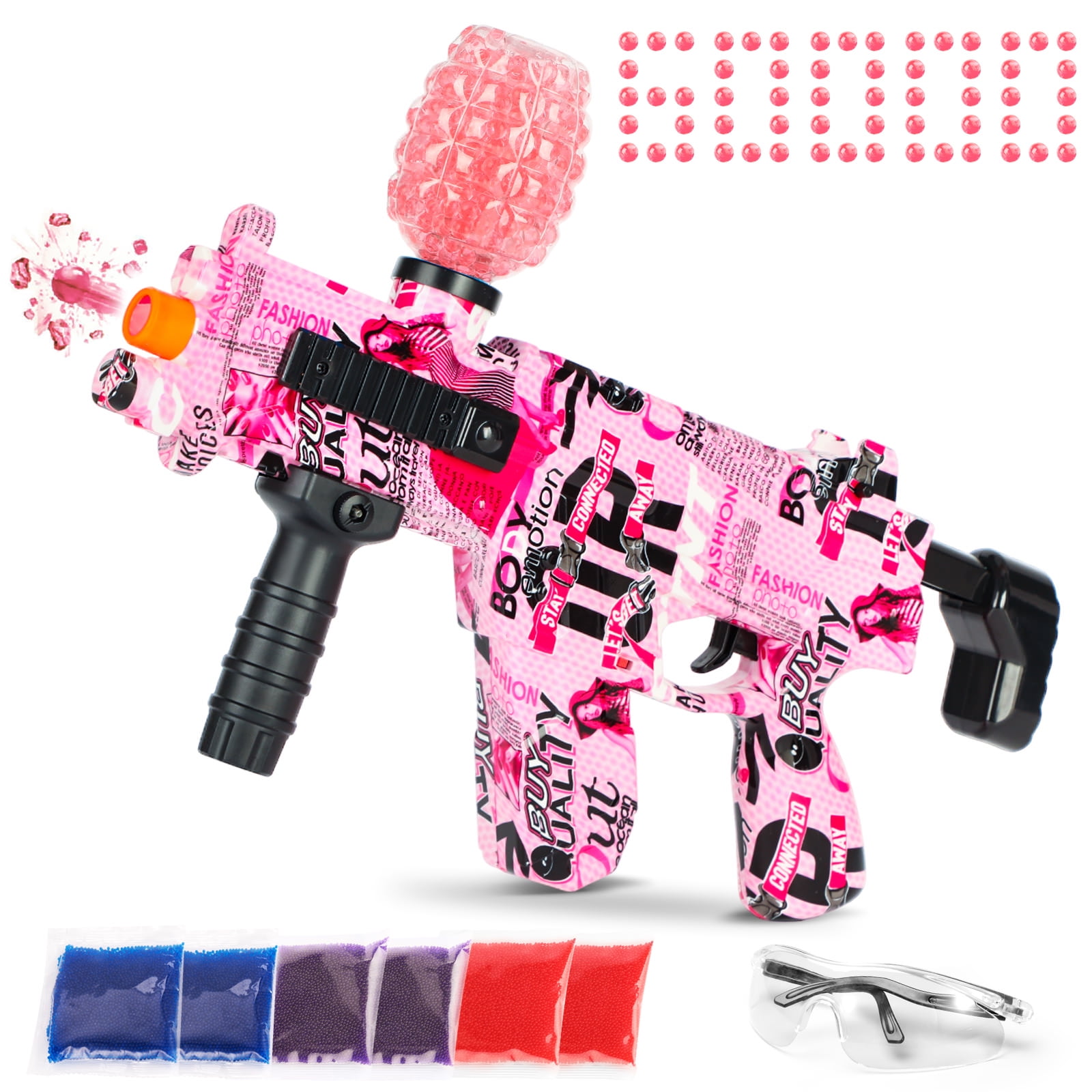 Jfieei Gel Blaster Electric with Gel Ball Blaster for Outdoor Activity, Shooting Team Game w/ 60000 Water Beads and Goggles for Adults and Kids,Pink