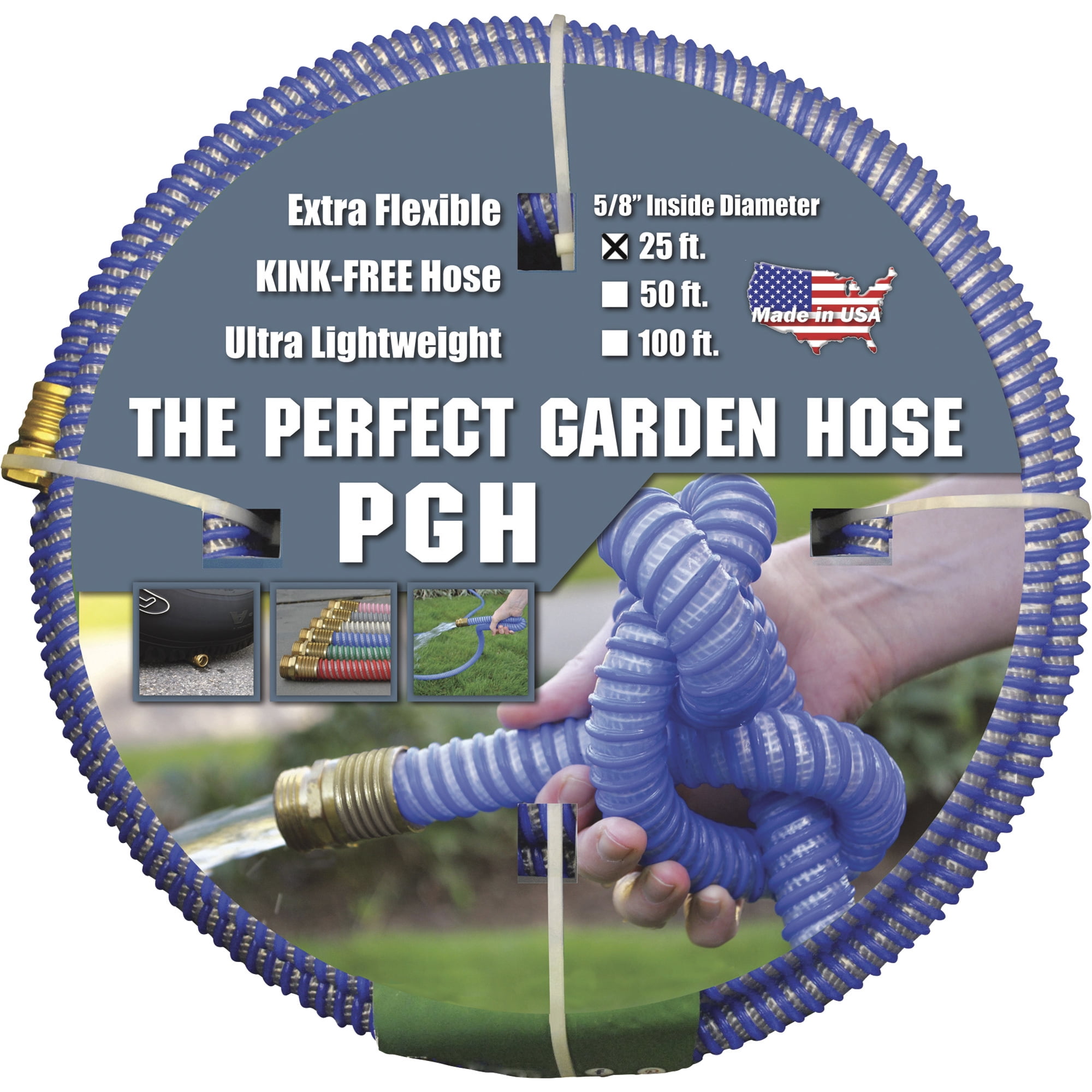 5/8 in ID x 25 ft L Water Hose, Rubber Tube, Blue, Brass x Brass Fitting PGH-25-BL