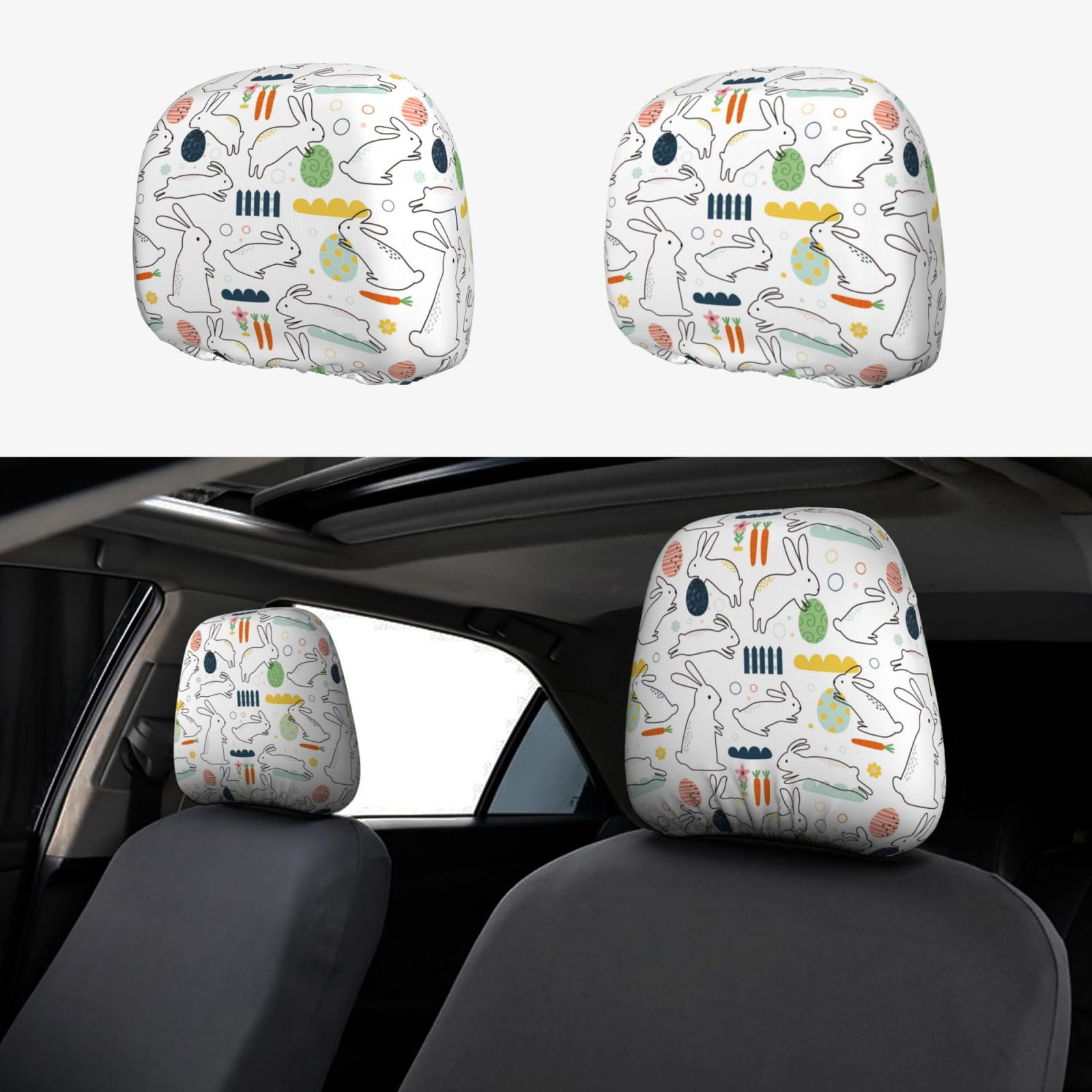 Jgfou 2 Pcs Easter Rabbit Print Car Headrest Covers,Universal Car Seat